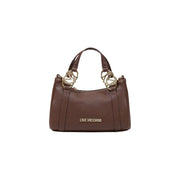 Love moschino women brown textured leather shoulder bag with gold metal hardware and embroidered logo 27 cm