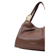 Love Moschino women brown textured leather hobo bag with gold-tone metal logo hardware and embossed branding