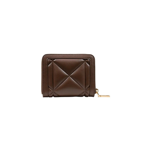 Braune, gesteppte Polyurethan-Geldbörse für Damen von Love Moschino mit goldfarbenem Reißverschlussanhänger und kompakter Größe von 13 cm