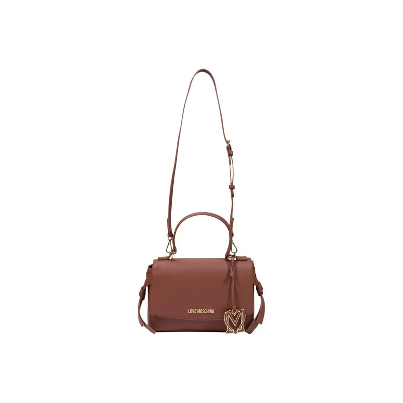 Love Moschino women brown shoulder bag in polyurethane with gold-tone heart logo charm and top handle
