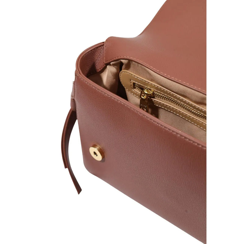 Love Moschino women brown shoulder bag in taupe polyurethane leather with gold-tone button closure and zipper lining