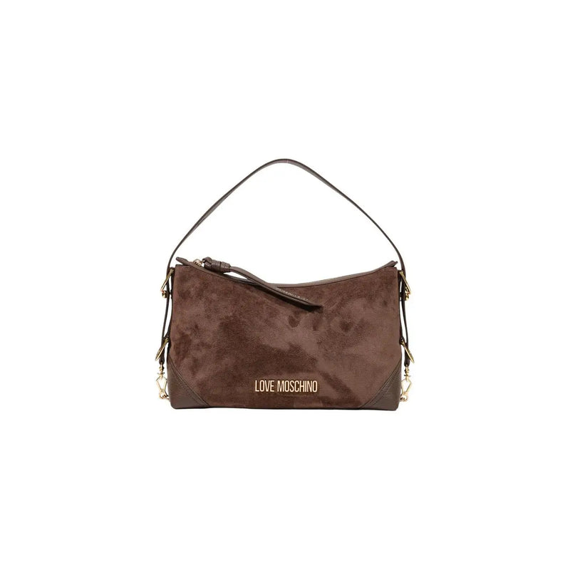 Brown suede love moschino shoulder bag 18cm with gold-tone hardware and front logo patch for women