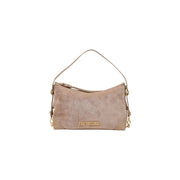Beige suede Love Moschino women shoulder bag 18 cm with gold-tone hardware and front logo plaque