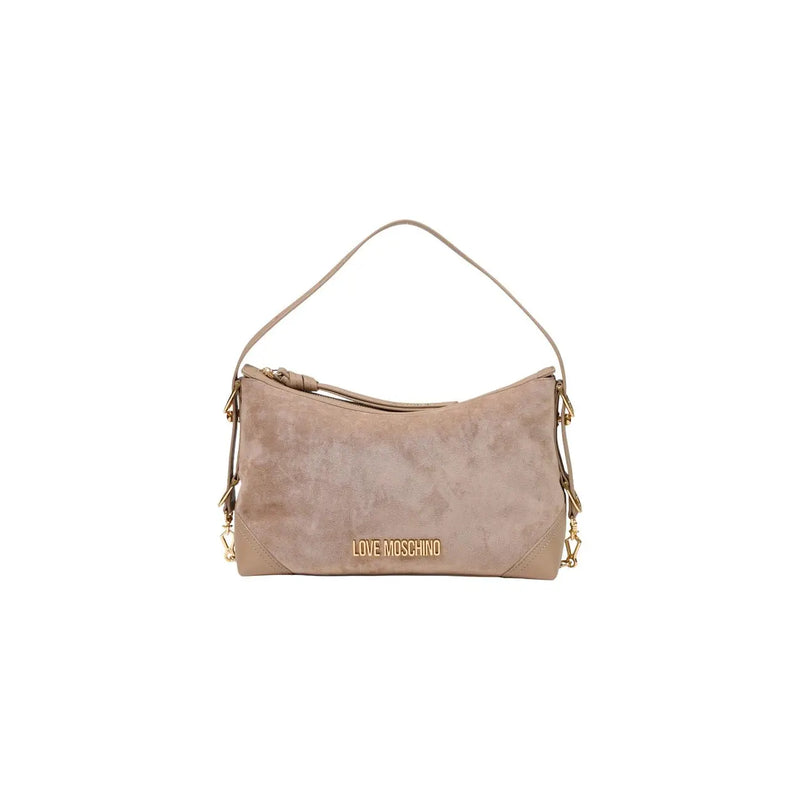 Beige suede Love Moschino women shoulder bag 18 cm with gold-tone hardware and front logo plaque
