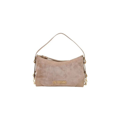 Beiges Wildleder Love Moschino Damen-Schultertasche, 18 cm, mit goldfarbenen Beschlägen und Logo-Plakette auf der Vorderseite