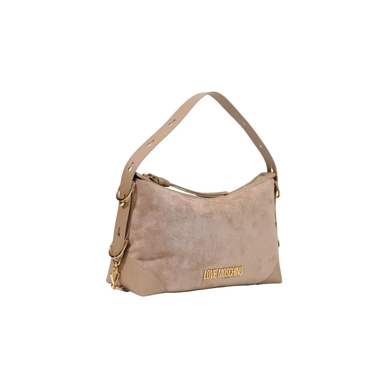Beige suede Love Moschino shoulder bag with gold-tone hardware and front logo patch 18 cm women handbag