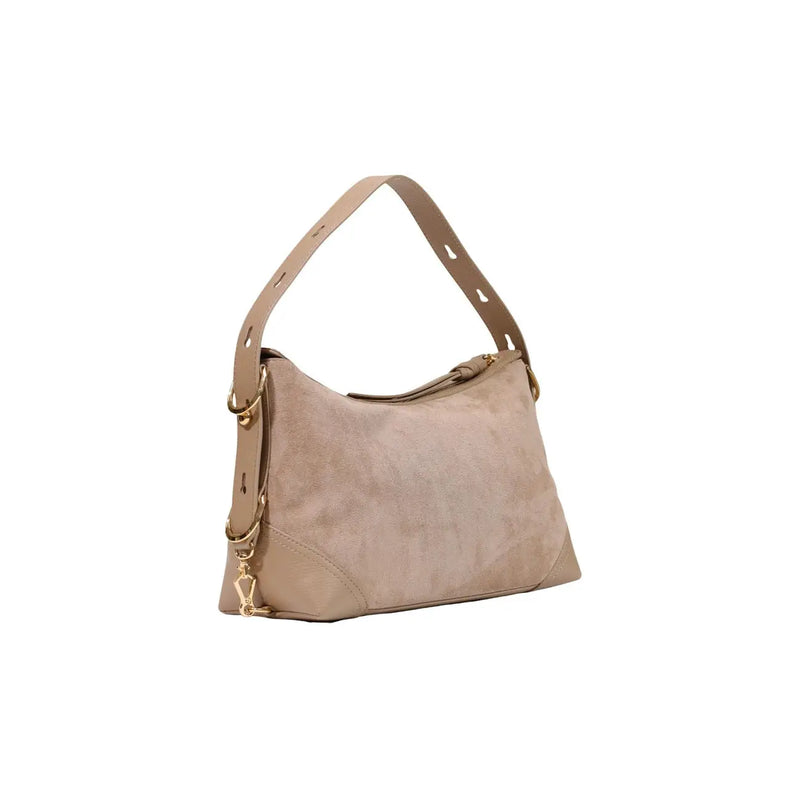 Love Moschino women handbag beige suede hobo bag with gold-tone hardware and detachable shoulder strap 18 cm