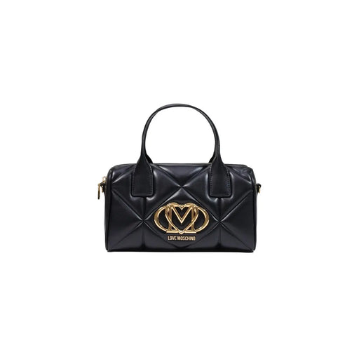 Schwarze, gesteppte Lederhandtasche mit goldfarbenem Love Moschino Logo-Verschluss aus Polyurethan, 26 cm, für Damen