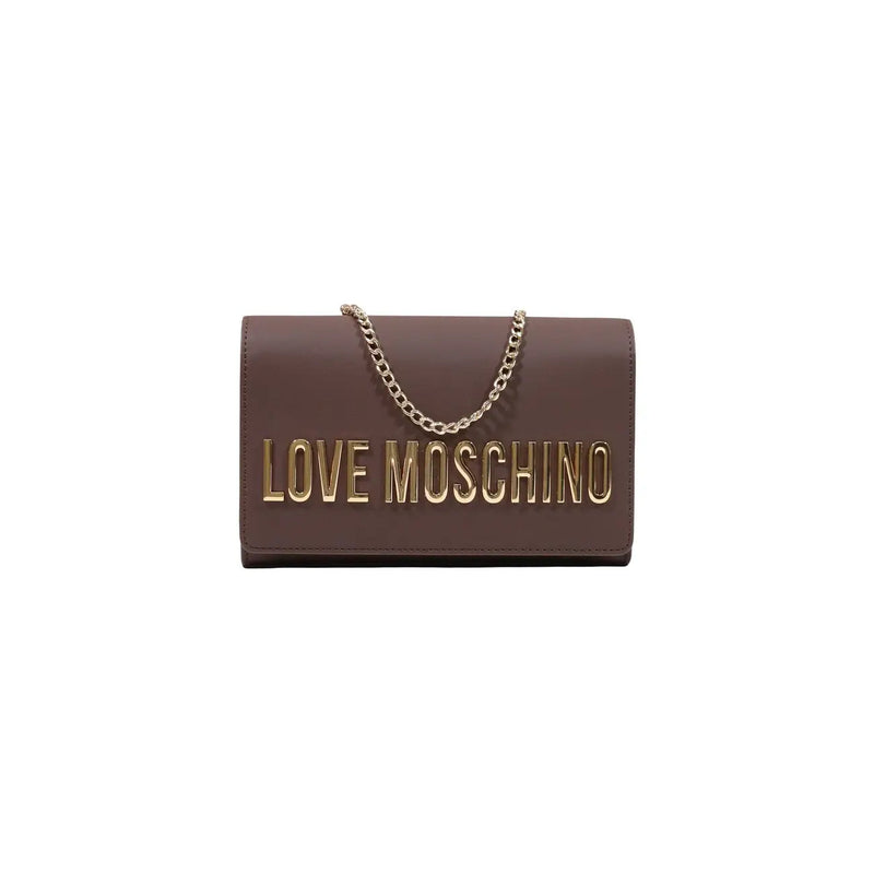 Brown love moschino polyurethane clutch handbag with gold-tone lettering and chain strap 5x13x5cm