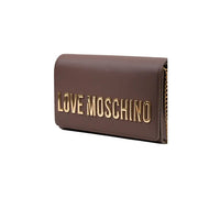 Brown Love Moschino women handbag in polyurethane with gold-tone lettering and a chain strap measuring 5x13x5cm