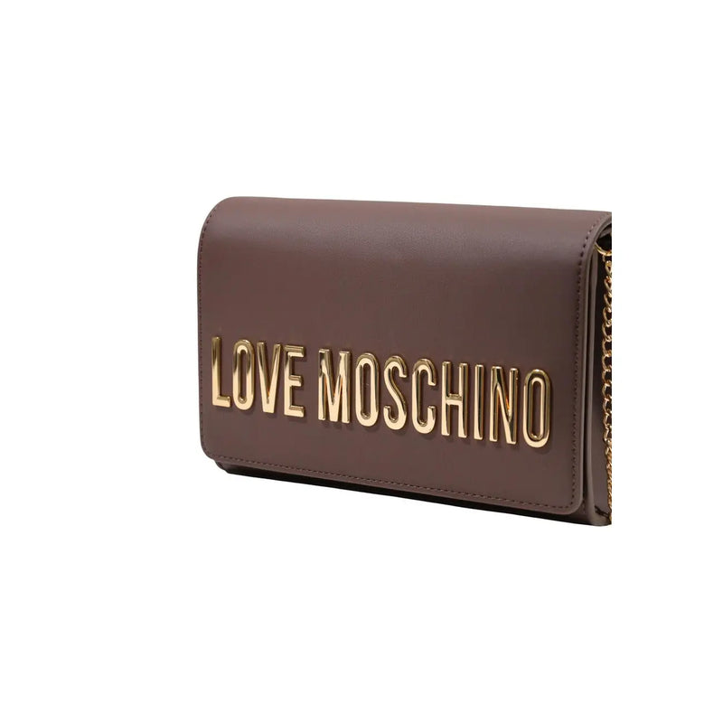 Brown Love Moschino women handbag in polyurethane with gold-tone lettering and a chain strap measuring 5x13x5cm