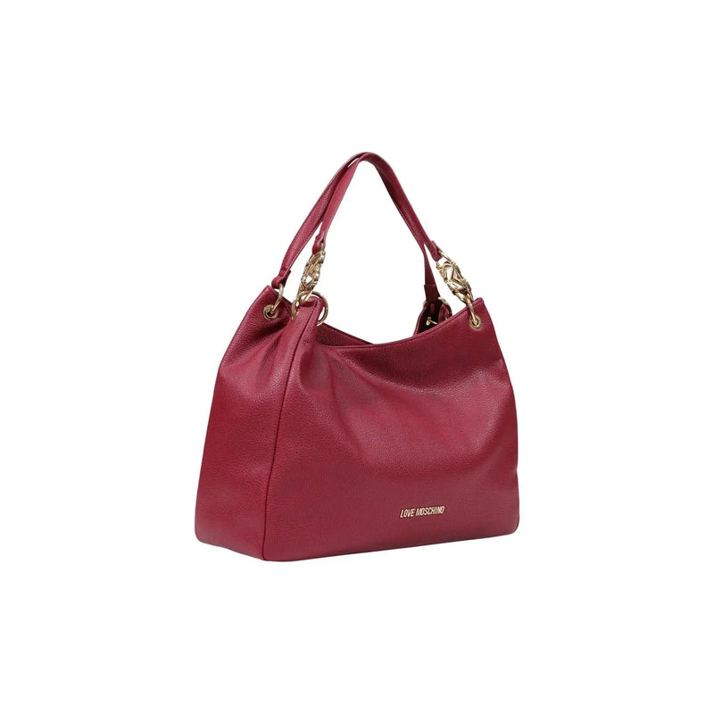 A burgundy polyurethane Love Moschino women’s hobo bag with gold chain accents and subtle logo measuring 42x28x14 cm
