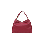 A sleek deep red leather hobo bag with textured surface and gold-tone hardware by Love Moschino