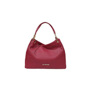 A vibrant red love Moschino handbag with textured leather finish and gold-tone hardware in polyurethane material