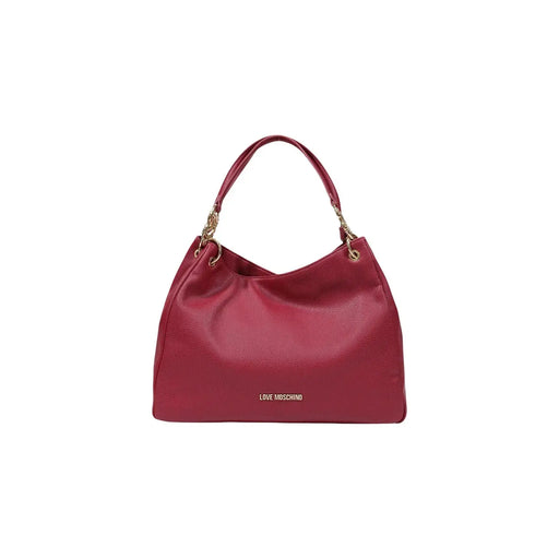 Eine leuchtend rote Liebe Moschino Handtasche mit strukturierter Lederoberfläche und goldfarbenen Beschlägen aus Polyurethanmaterial