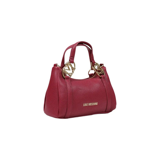 Eine bordeauxrote Love Moschino Schultertasche aus strukturiertem Leder mit goldfarbenen Griffen aus Polyurethan, 27 cm breit.