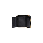 Love Moschino Damen-Geldbörse aus schwarzem Leder mit dreifach faltbaren Elementen und goldfarbenen Reißverschlussdetails aus Polyurethan