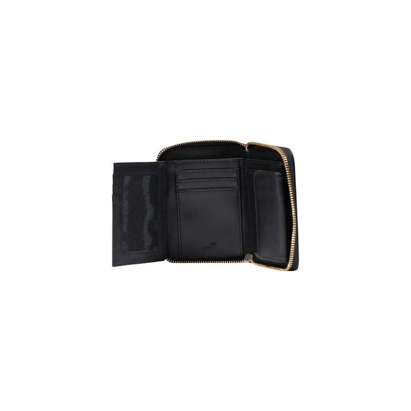 Love Moschino Damen-Geldbörse aus schwarzem Leder mit dreifach faltbaren Elementen und goldfarbenen Reißverschlussdetails aus Polyurethan