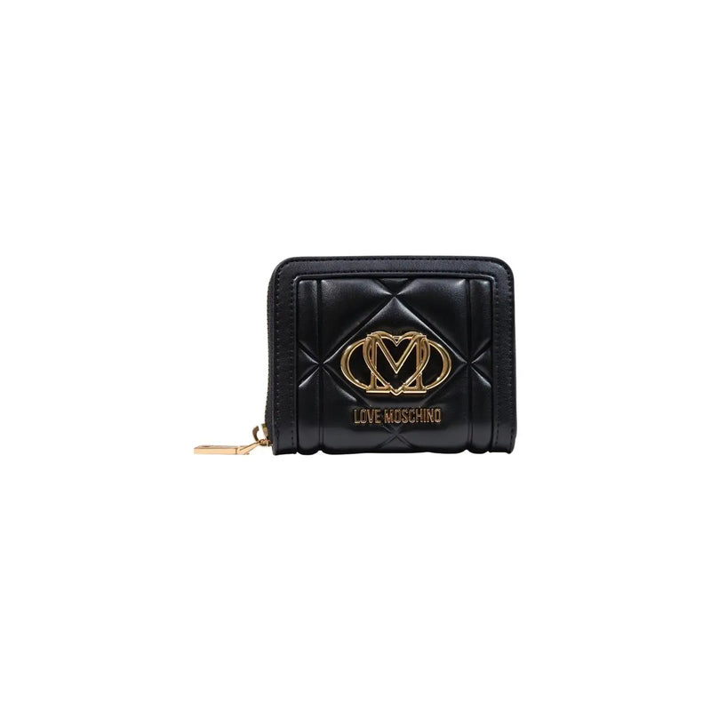 Schwarz gesteppt Love Moschino Damengeldbörse aus Polyurethan mit goldfarbenem Logo und Reißverschlussanhänger, B 13 x H 9 x L 3 cm