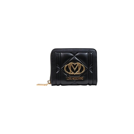 Schwarz gesteppt Love Moschino Damengeldbörse aus Polyurethan mit goldfarbenem Logo und Reißverschlussanhänger, B 13 x H 9 x L 3 cm