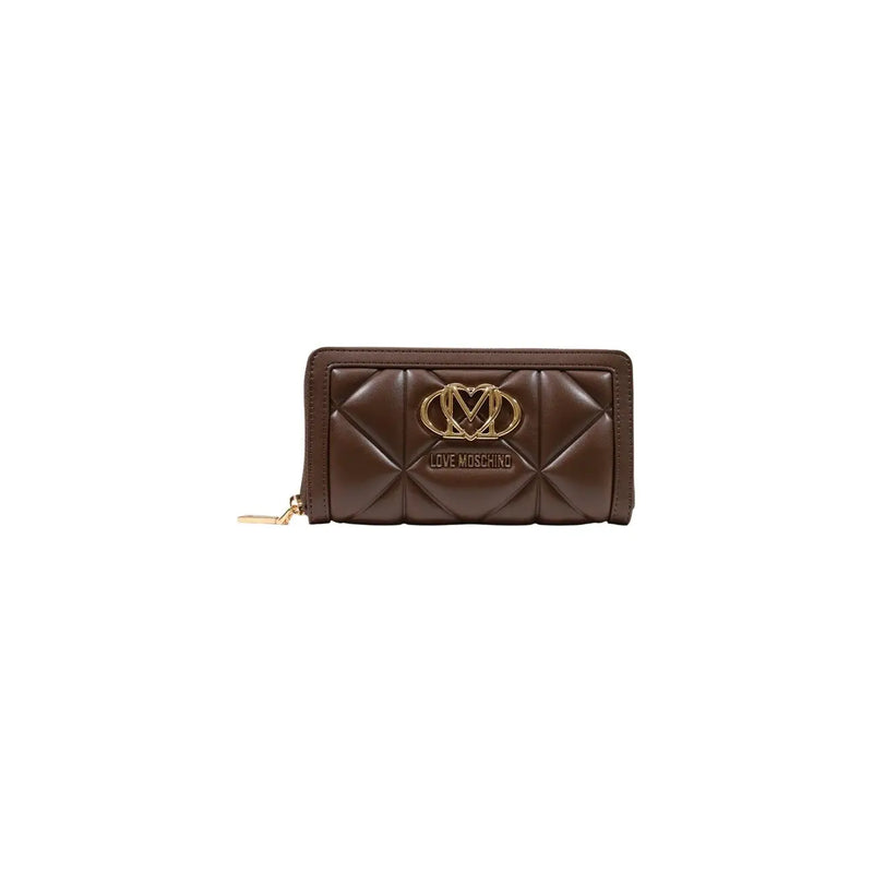 Braune, gesteppte Moschino-Damengeldbörse aus Polyurethan mit goldfarbenem Logoverschluss, Größe 18 cm