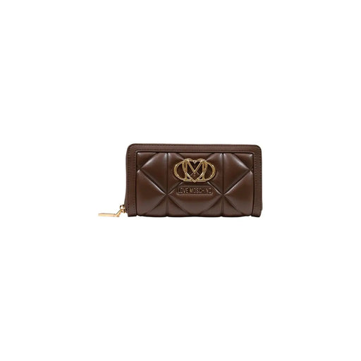 Braune, gesteppte Moschino-Damengeldbörse aus Polyurethan mit goldfarbenem Logoverschluss, Größe 18 cm