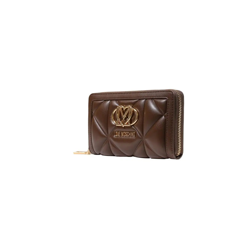 Braune Steppliebe Moschino Damengeldbörse aus Polyurethan mit goldfarbenem Logo und Reißverschluss, Größe 18 cm