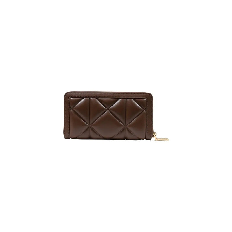 Braune, gesteppte Moschino-Geldbörse aus Leder für Damen mit goldfarbenem Reißverschlussanhänger aus Polyurethan, 18 cm groß