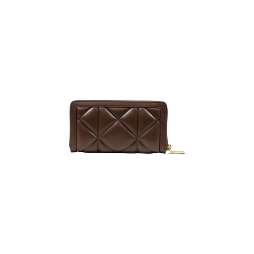 Braune, gesteppte Moschino-Geldbörse aus Leder für Damen mit goldfarbenem Reißverschlussanhänger aus Polyurethan, 18 cm groß