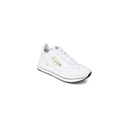 White leather Love Moschino women sneakers with a gold heart logo and black rubber platform sole