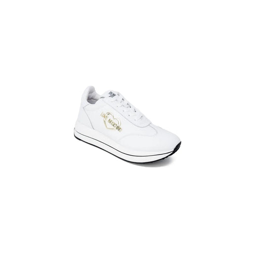 Weißes Leder Love Moschino Damen-Sneaker mit goldenem Herzlogo und schwarzer Gummiplateausohle