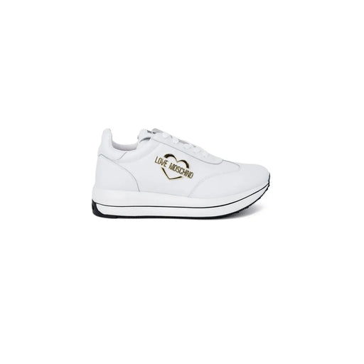 Love Moschino Damen-Plateau-Sneaker aus weißem Leder mit goldenem Herzlogo an der Seite