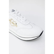 White leather love moschino women platform sneaker with gold heart logo and black rubber sole front view