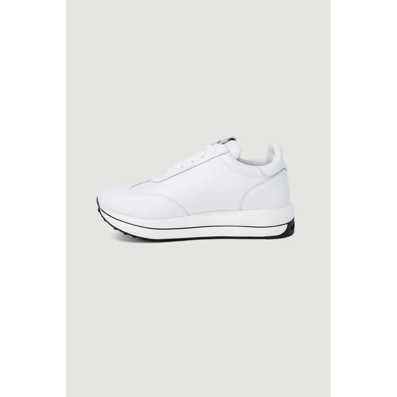 Love Moschino women white leather sneakers with black rubber sole and subtle stitching details platform style