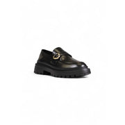 Love Moschino women’s black leather loafer with gold-toned buckle and chunky rubber sole