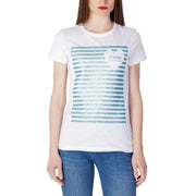 Love Moschino women’s white cotton t-shirt with glittery teal stripes and heart-shaped love logo on the chest