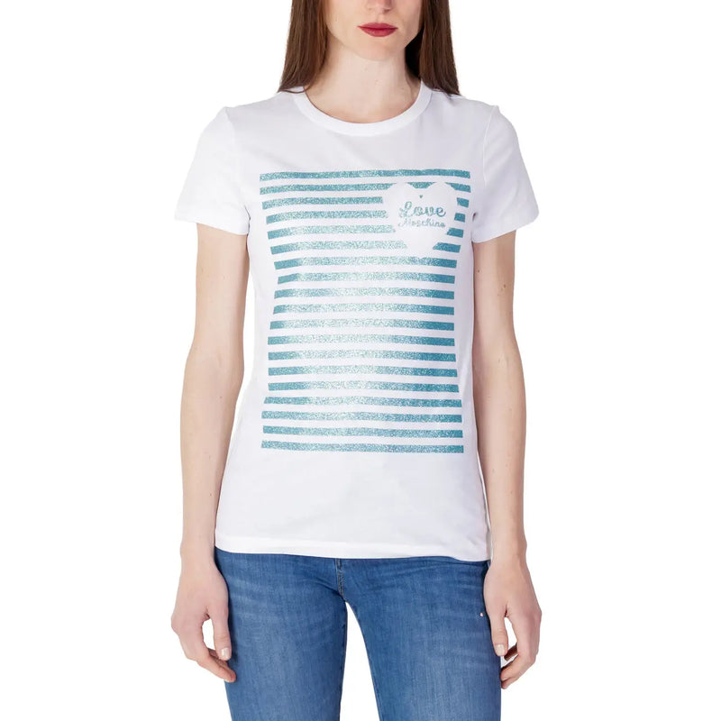 Love Moschino women’s white cotton t-shirt with glittery teal stripes and heart-shaped love logo on the chest