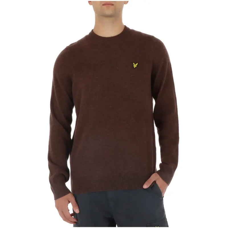 Brown crew neck sweater with yellow logo, lyle & scott brand.