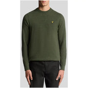 Olive green crew neck sweater with yellow logo, lyle & scott brand.