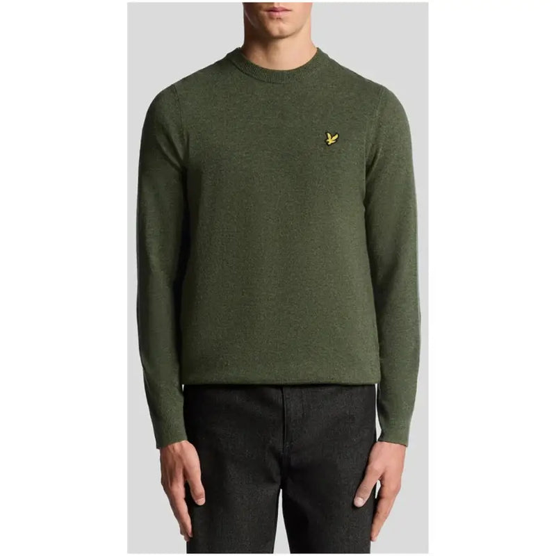 Olive green crew neck sweater with yellow logo, lyle & scott brand.