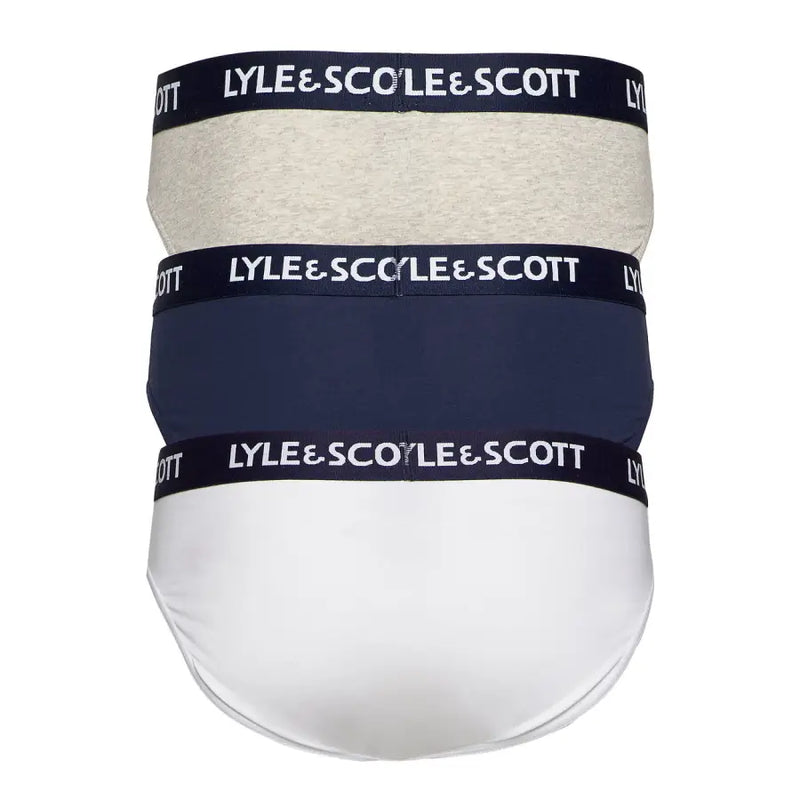 Three lyle & scott men’s briefs in heather gray navy blue and white made of 95% cotton 5% elastane for comfort