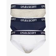 Three lyle & scott men’s briefs in heather gray navy blue and white with branded elastic waistbands 95% cotton 5% elastane