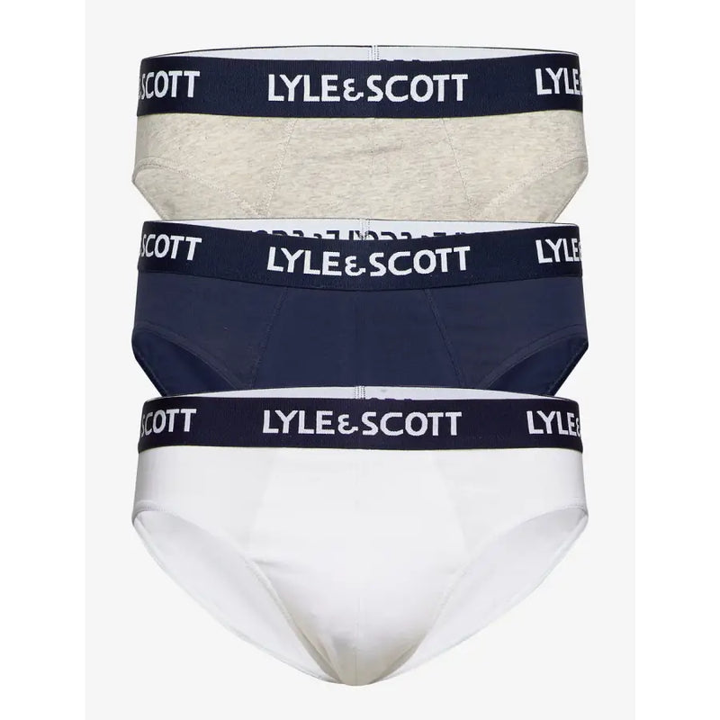 Three lyle & scott men’s briefs in heather gray navy blue and white with branded elastic waistbands 95% cotton 5% elastane