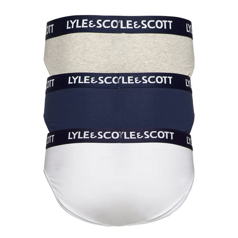 Three lyle & scott men’s briefs in heather gray navy blue and white made of 95% cotton 5% elastane for comfort