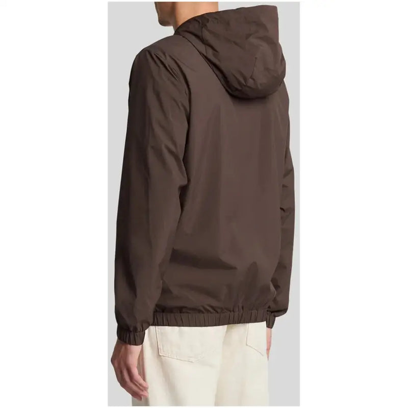 A sleek dark brown hooded blazer by Lyle & Scott made of smooth lightweight fabric with elasticated cuffs and hem