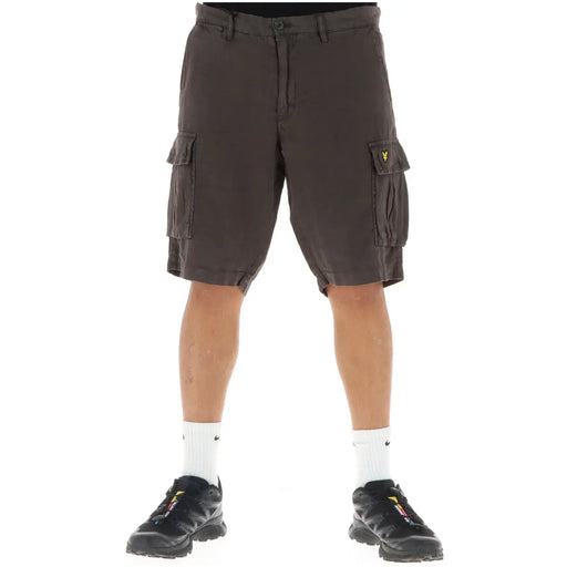 Lyle & Scott grey linen shorts for men featuring dark brown cargo design with multiple pockets and yellow logo on thigh
