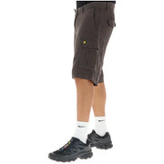 Lyle & Scott grey linen cargo shorts for men featuring multiple pockets and a yellow bird logo on the thigh