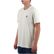 Lyle & Scott men beige print round neck t-shirt with black trim and yellow bird logo made of 100% cotton