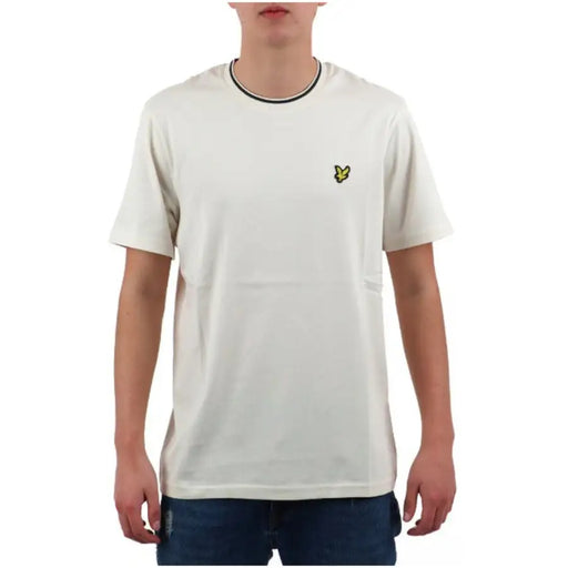 Lyle & Scott men beige cotton t-shirt with black white ribbed crew neck and yellow bird logo on left chest