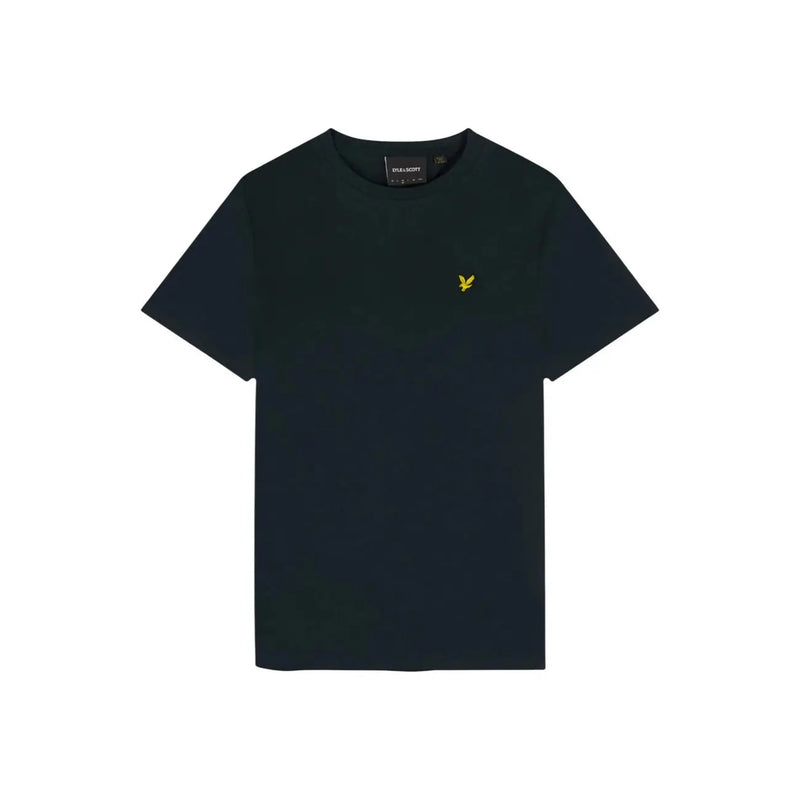 Schwarzes, kurzärmeliges Baumwoll-T-Shirt von Lyle and Scott mit einem kleinen, gelben, gestickten Vogellogo auf der linken Brust.